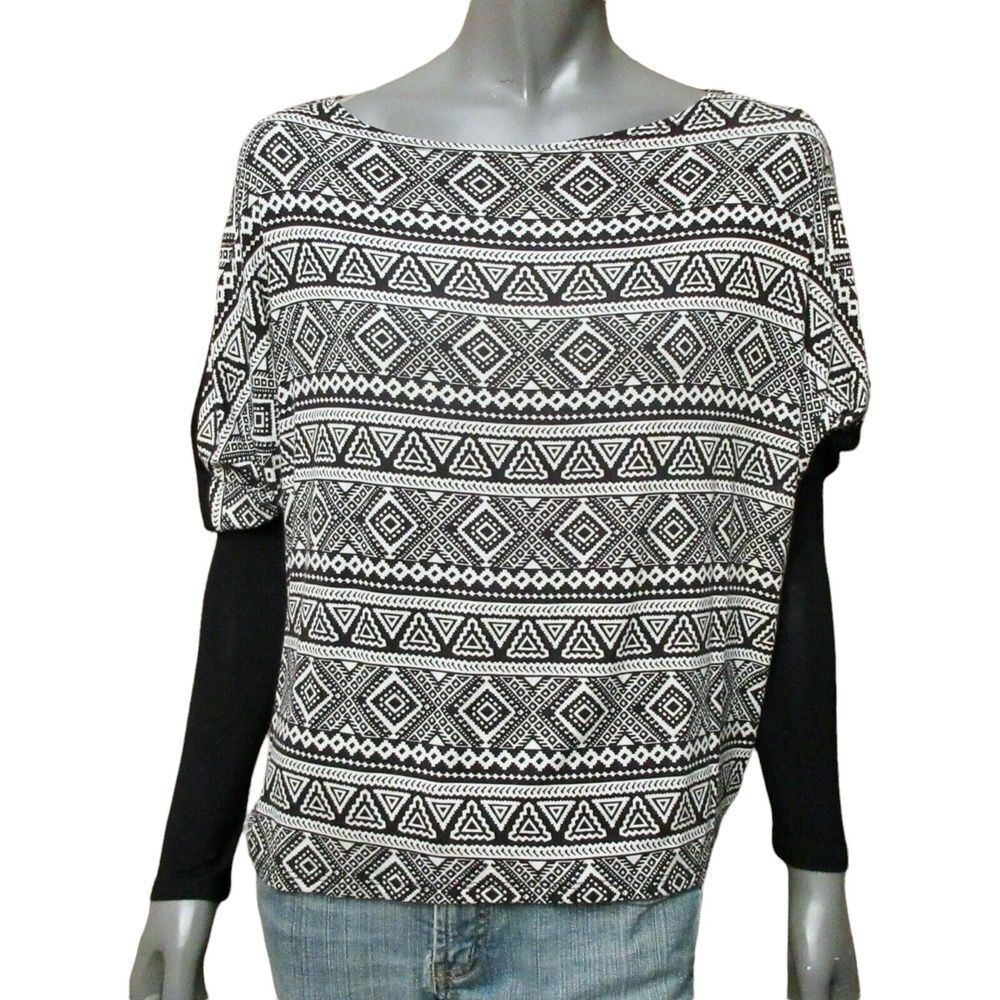 Nymphe Womens Top Long Sleeve Black White Tribal Print Boat Neck Casual S